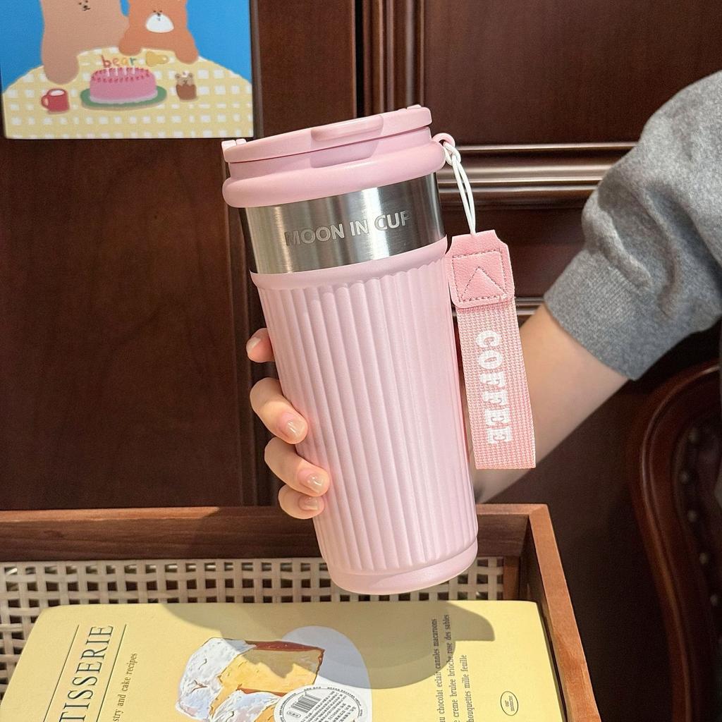 Striped Coffee Thermos Cup Portable Stainless Steel Coffee Cup Going Out Straw Water Cup Women's New High-value Cup