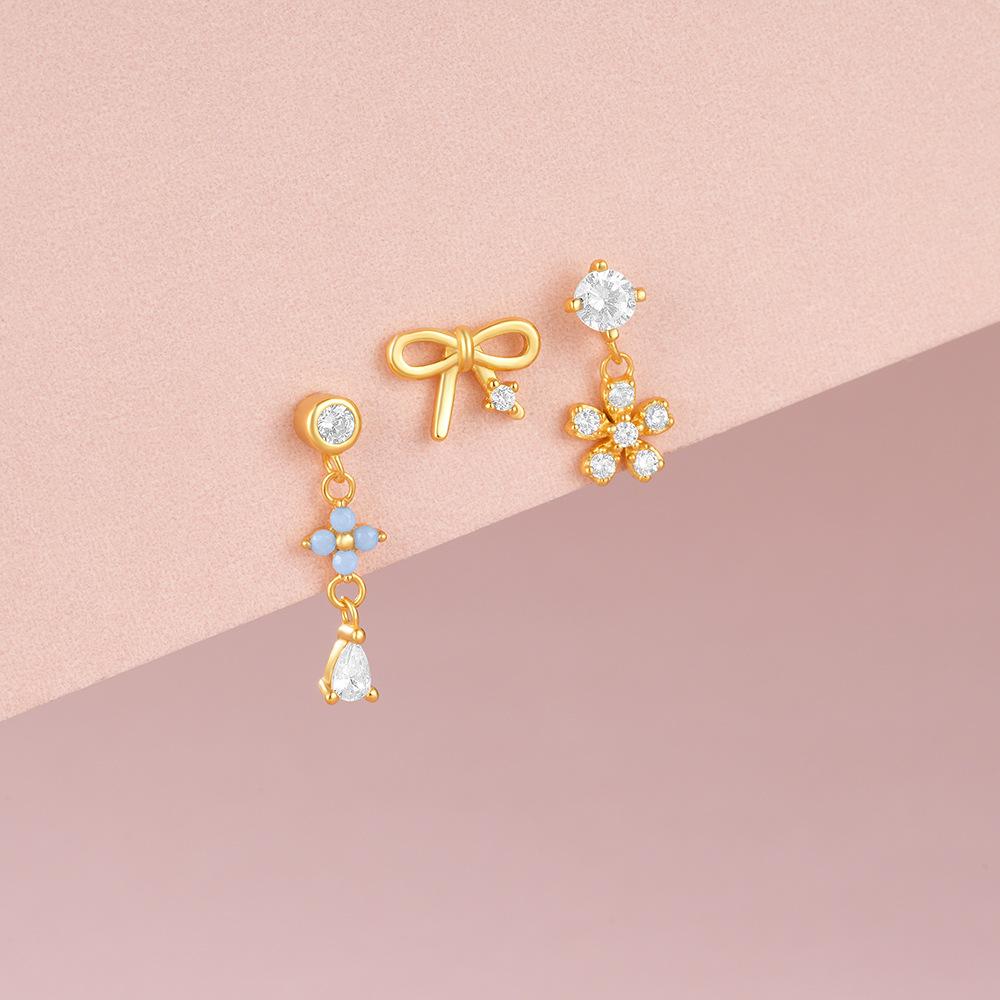 3PCS Stainless Steel Blue Opal Stone Flower Bowknot Petal Piercing Earrings Set For Women Statement Earring Party Jewelry aretes