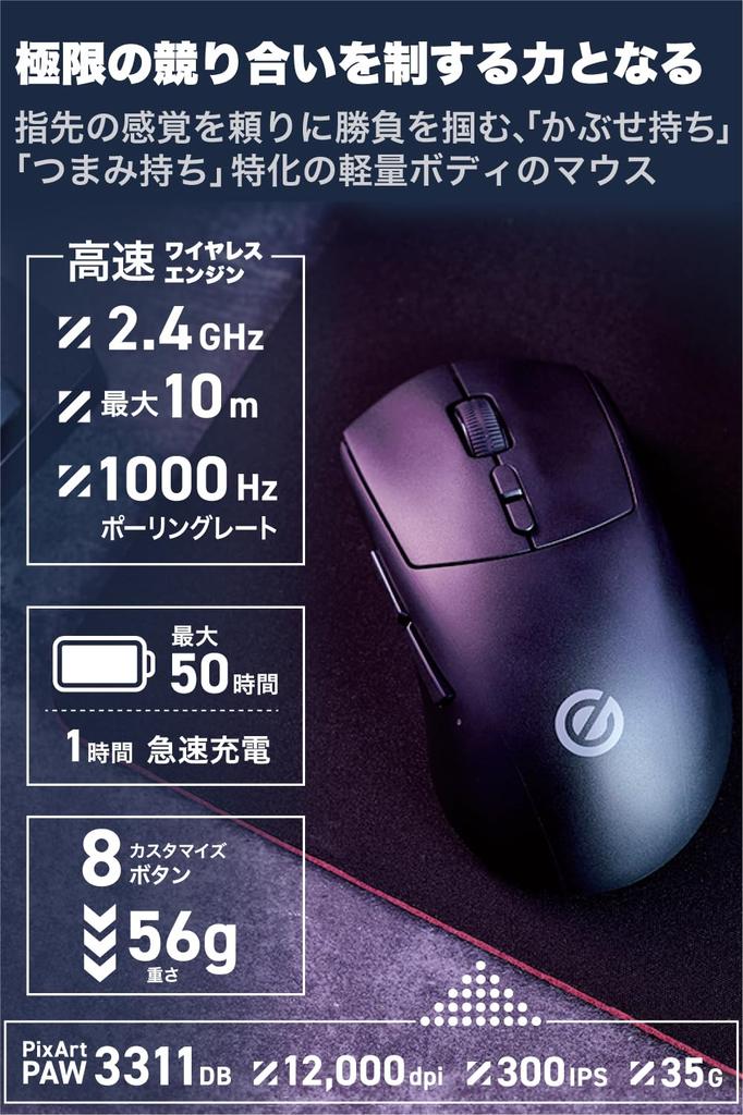 ELECOM Gaming Mouse V Custom Wireless Wired Compatible 8 Buttons Rechargeable M Size 12000DPI 300IPS 35G Specialized for Gripping and Covering Holding