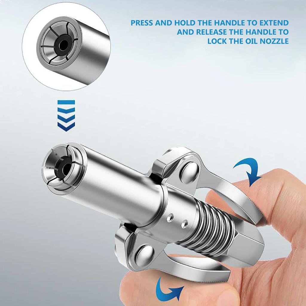 10000 PSI Grease Tool Coupler Double Handle Stainless Oil Injector Nozzle Heavy-Duty Quick Lock NPTI/8 Leak-Free Grease Tool Tip
