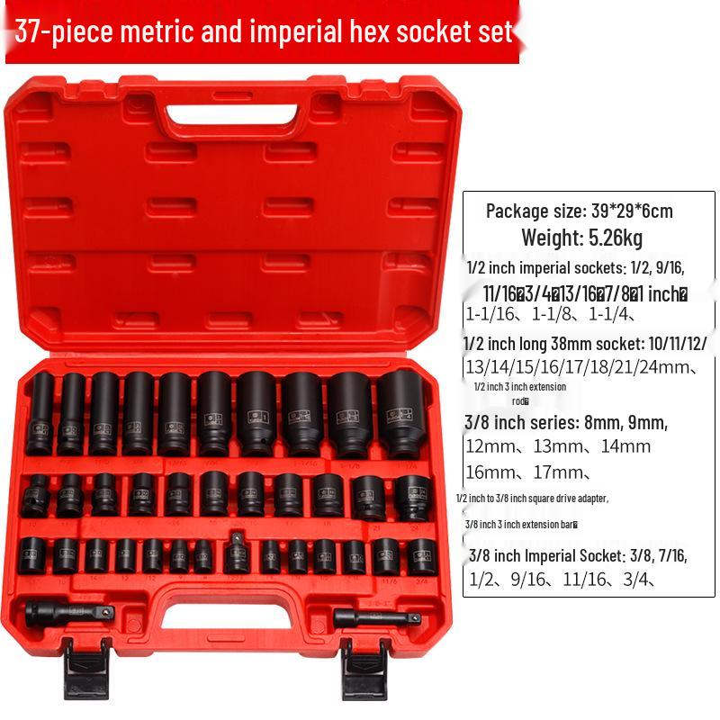 37-Piece Imperial & Metric Hex Socket Set for Air & Electric Wrenches