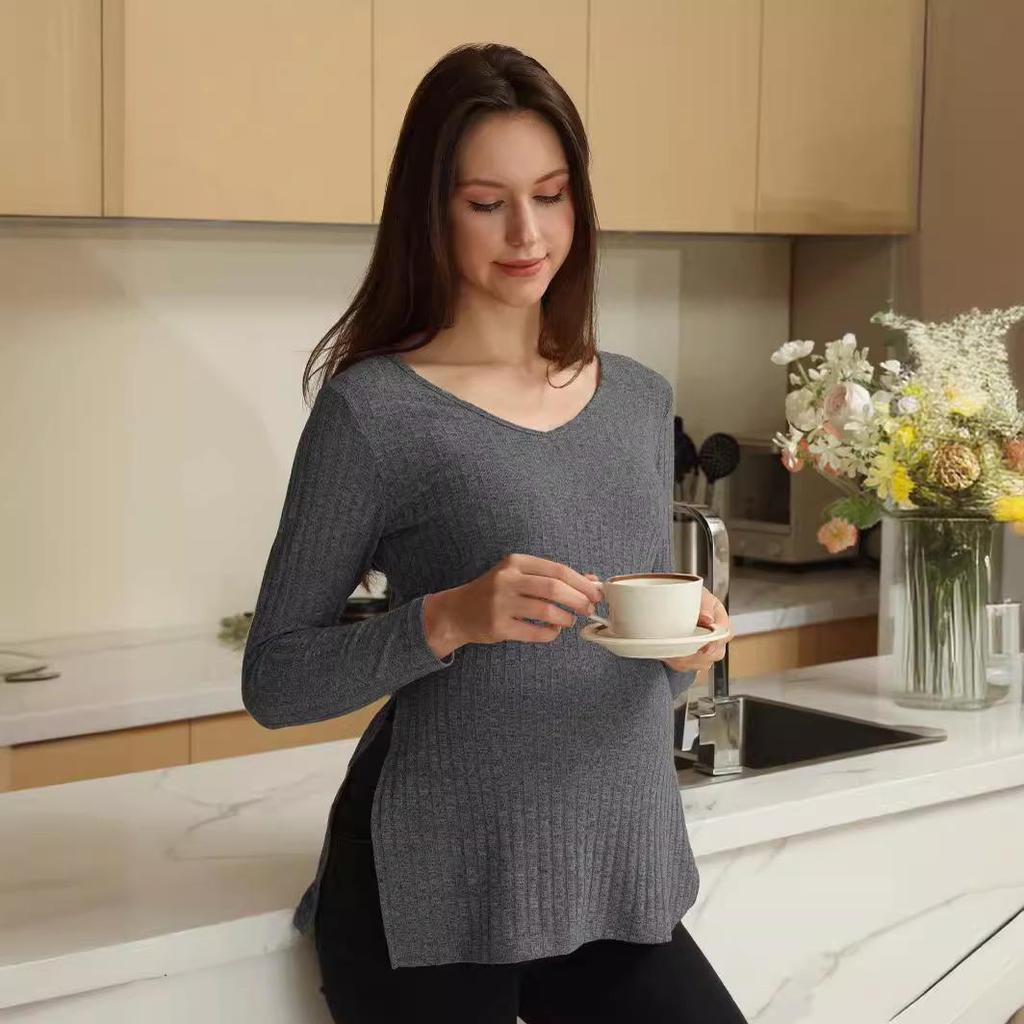 Ny sammetstopp med V-ringning för gravida med slitsar - Enfärgad, långärmad.