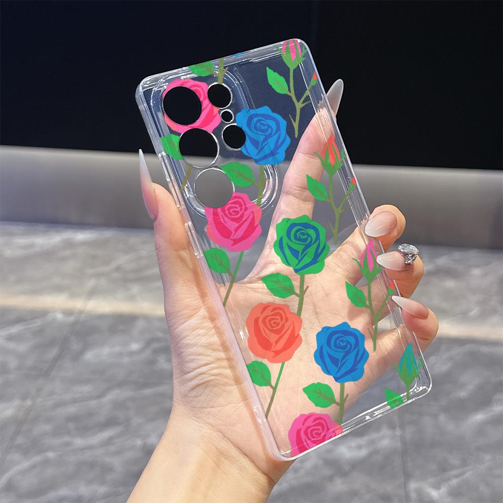 Bold Color Block Rose Pattern Case for Samsung Galaxy S26 S25 S24 S23 S22 S21 S20 FE Plus Soft TPU Slim Fit Shockproof Cover
