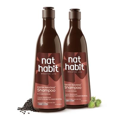 Nat Habit Rizinus Schwarzkümmel Navdha Shampoo für Männer Reinigungsmittel mit ayurvedischen Kräutern für tiefe Kopfhautpflege Packung mit 2 x 250 ml