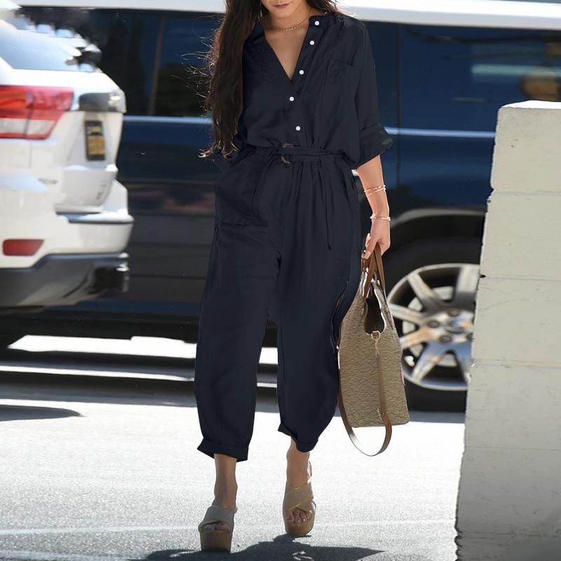 In Stock 2023 Summer Women's Casual Lapel Print Belted Jumpsuit - European & American Bestseller