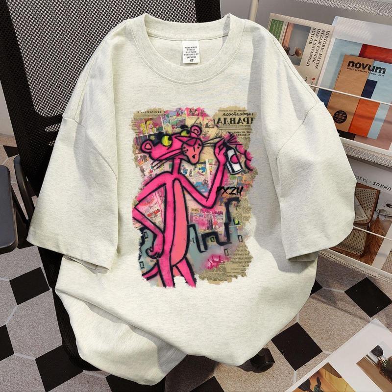 Women's 2026 Summer Loose Fit Cartoon Print Cotton T-Shirt - American Style, Short Sleeve, Versatile for Couples, Available In White and Grey.