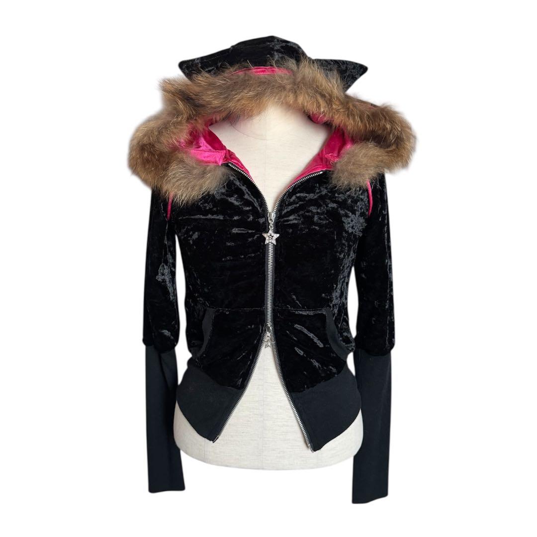 

[USED] JSG Y2K Heisei Gal Velour Zip Hoodie with Cat Ears in Black and Pink