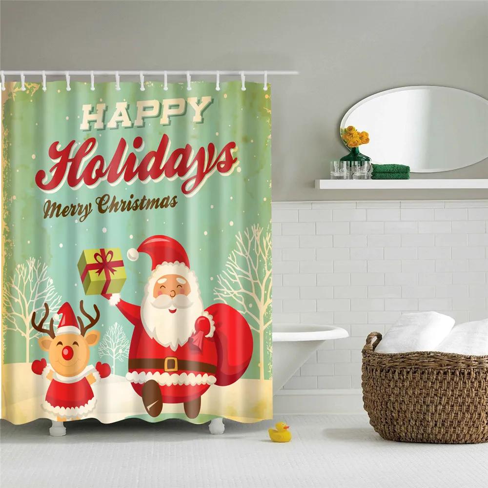 Merry Christmas Shower Curtains New Year Santa Bathroom Decor Bath Curtain Cartoon Snowman Elk Bath Bathroom Curtains