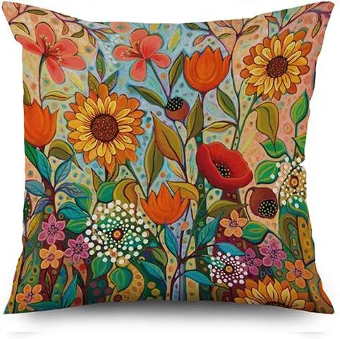 Vikama Boheemse Bloemen Kussenhoes Olieverf Stijl Zonnebloem en Klaproos Print Woonkamer Bank Kussenhoes Huisdecoratie Peach skin 18*18(CM)-1Pcs