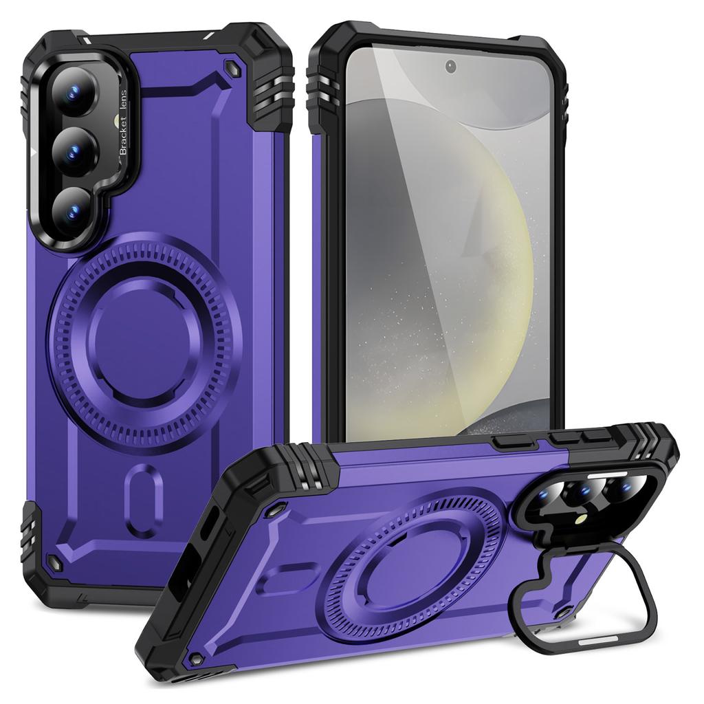 For Samsung Galaxy S24 Magnetic Case Lens Kickstand PC + TPU Shockproof Phone Cover