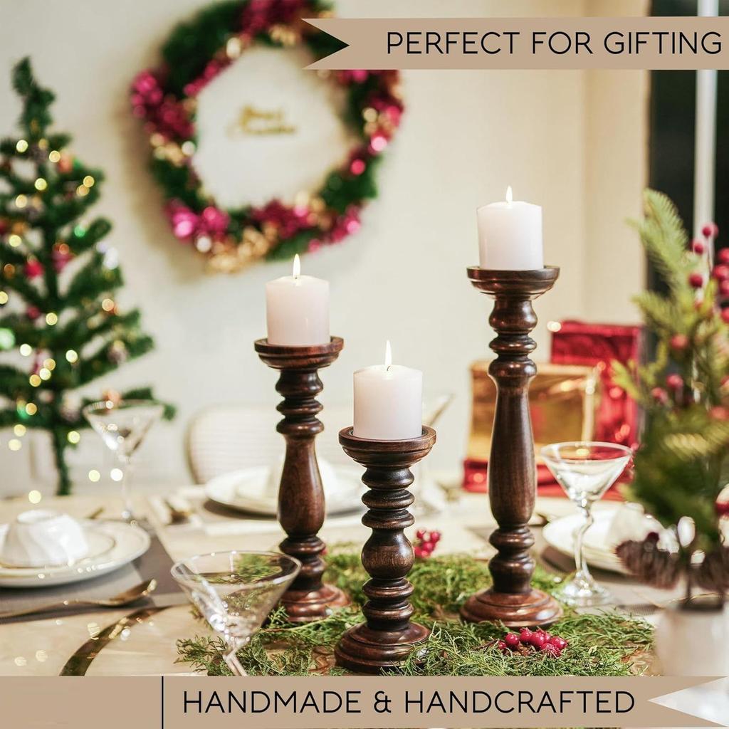 Wooden Candle Holder Stand with 3 Free Candles for Home & Table Decoration Best Handmade Gift for Christmas New