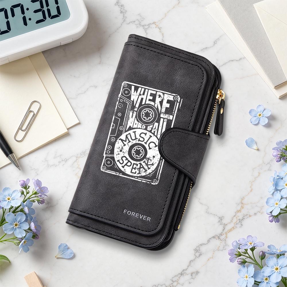 Vintage Music Print Long Wallet Casual PU Leather Multi Card Slot Daily Use Purse