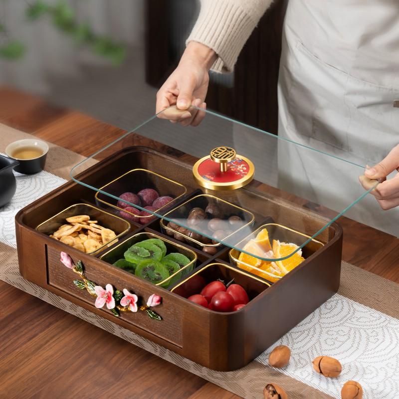 Elegant Chinese-Inspired Wooden Snack Tray With Lid 4-Compartment Fruit Nut Server Tea Time Gathering