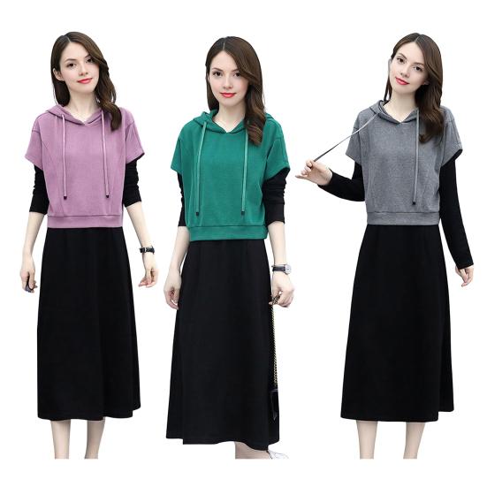Women's 2 Piece Dress Set Pullover Hooded Drawstring Sweatshirts Midi Dress Lounge Sets Casual Fall Spring Outfits