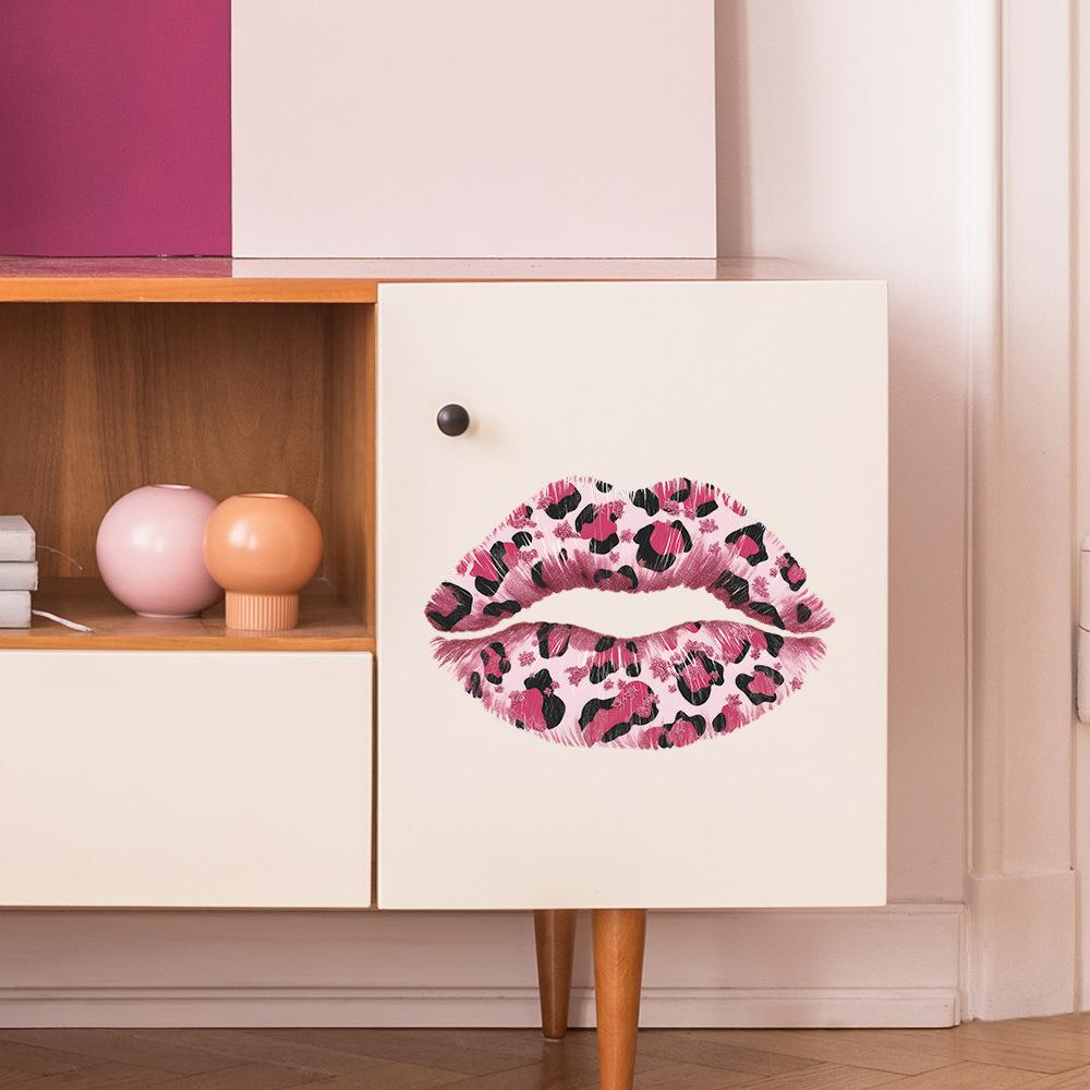 Creative Pink Leopard Print Red Lip Wall Decoration Stickers for Bathroom and Bedroom Walls