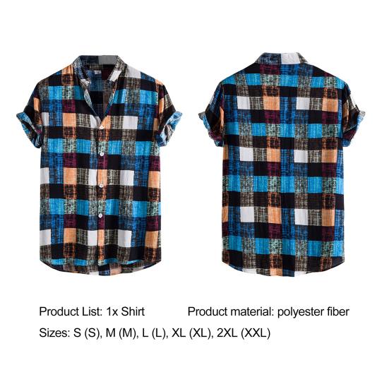 Stand Collar Short Sleeve Men Shirt Buttons Closure Men Plaid Printed Shirt Streetwear