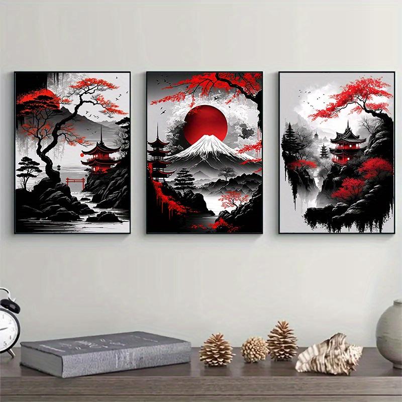 Landscape Canvas Painting Black And Red Posters Vintage Ink Art Wall Prints For Living Room Home 3pcs Frameless Japanese Natural