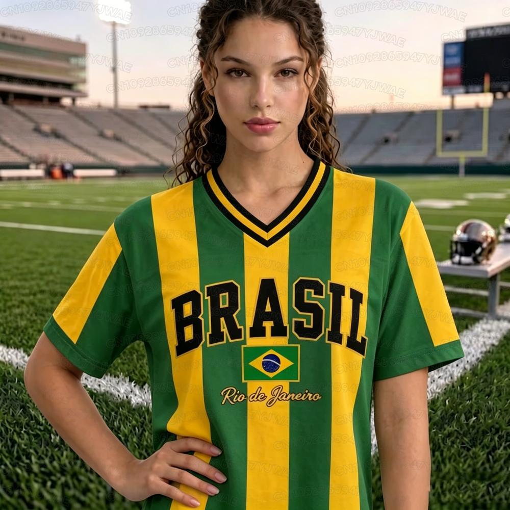 T-shirt Estiva Grafica a Maniche Corte con Scollo a V Stampa Brasile 10 da Donna Uomo Maglie Taglie Forti Maglietta Sportiva
