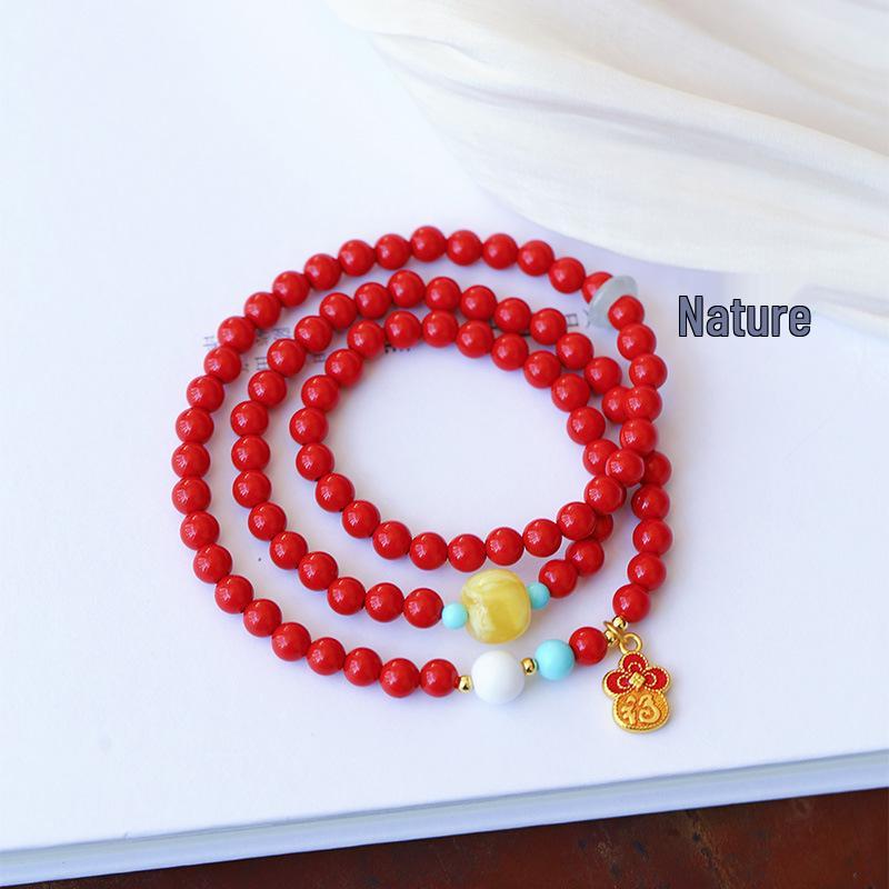 6mm Cinnabar and Amber Triple-Round Bracelet with Pendant
