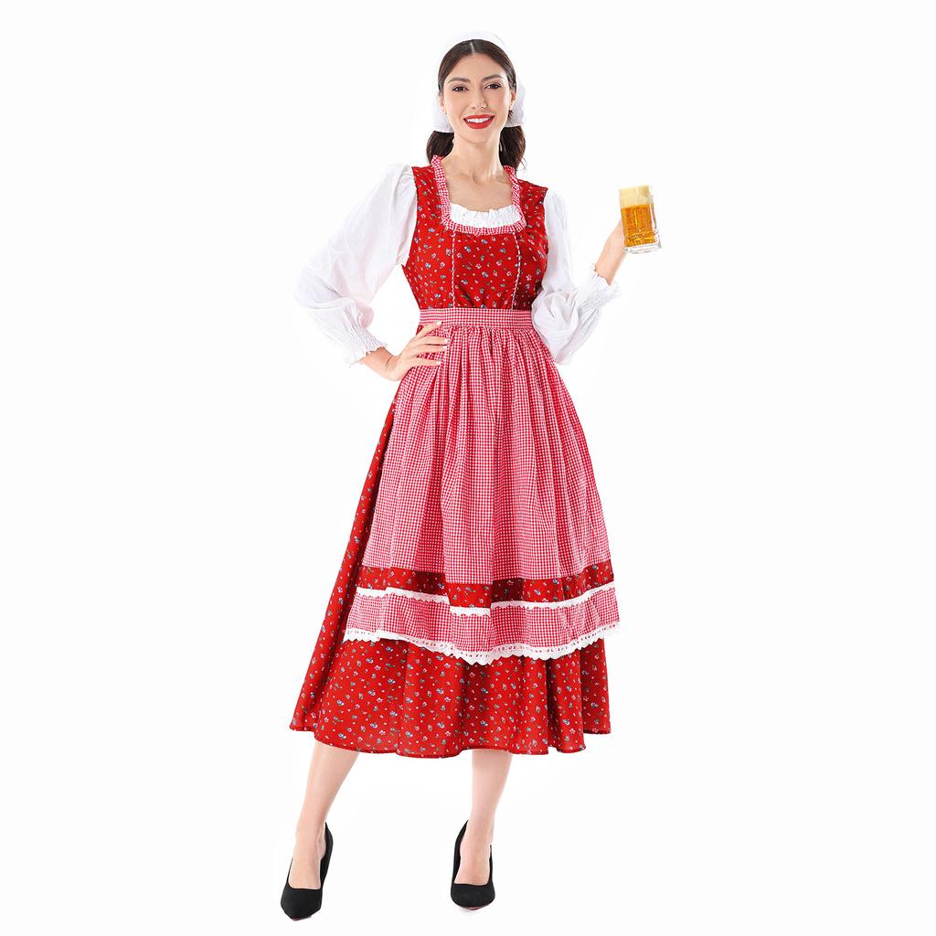 Oktoberfest Dirndl Dress Red Plaid Costume for Women Polyester
