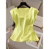 Women Satin V Neck Blouse Elegant Short Sleeve Side Drawstring Ruched Top Summer Casual Work Office Tunic Fashion Sleeveless Sweet Tank Tops for Women