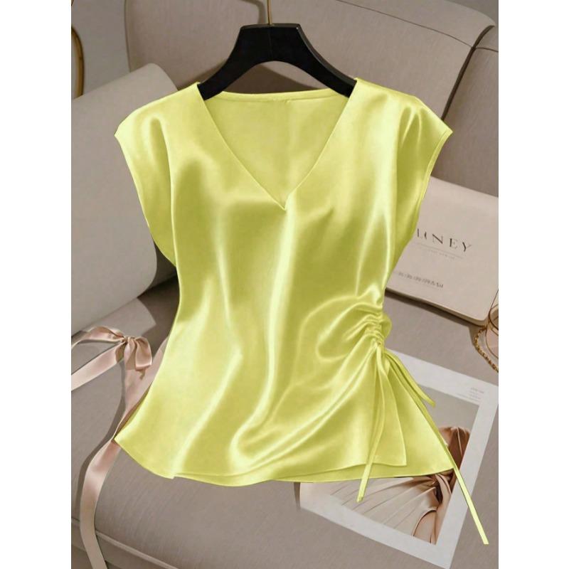 Women Satin V Neck Blouse Elegant Short Sleeve Side Drawstring Ruched Top Summer Casual Work Office Tunic Fashion Sleeveless Sweet Tank Tops for Women