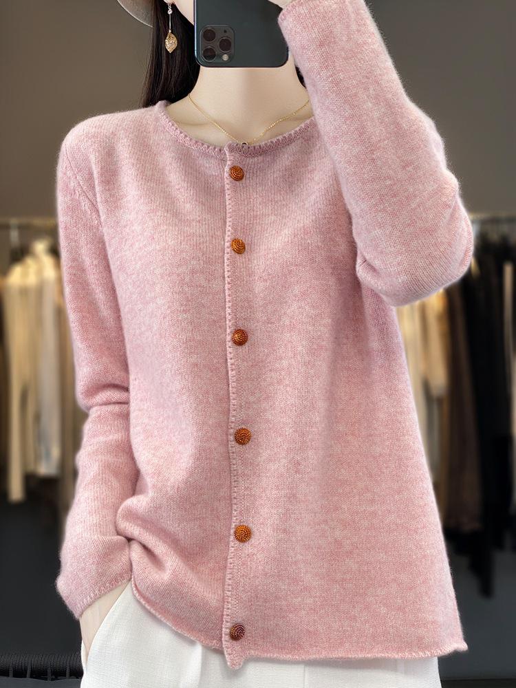 Women's 100% Wool Loose Slimming Round Neck Cardigan with Metal Buckle