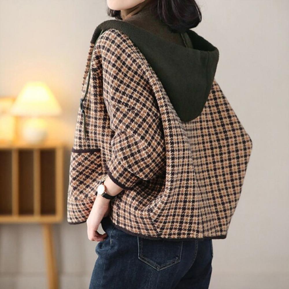 Olivier S cloSet Women houndStooth Colorblock Hoodie Cardigan O2512cd605d