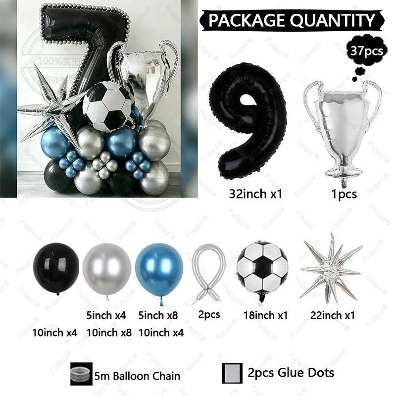 37pcs Silver Trophy Football Balloon Black Number 1-9 Birthday Balloon Set Sports Theme Party Decoration Festival Supplies