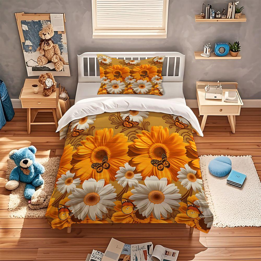 Sunflower Butterfly Floral Print Duvet Cover Set Comforter Cover Bedding Set No Filler Boho Adult Bedroom Soft Bedding Decor