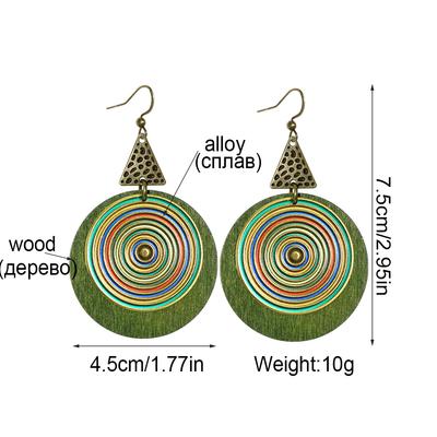 Ethnic Creative Round Metal Wooden Drop Earrings for Women Retro Multicolor Personality Charm Earrings Boho Vacation Jewelry