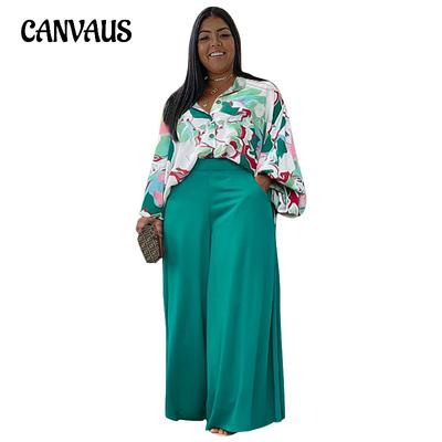 Frühling und Herbst Damen-Hemd-Hosen-Set, locker, Übergröße, lässig, bedrucktes Hemd, Oberteil, weite Beinhosen