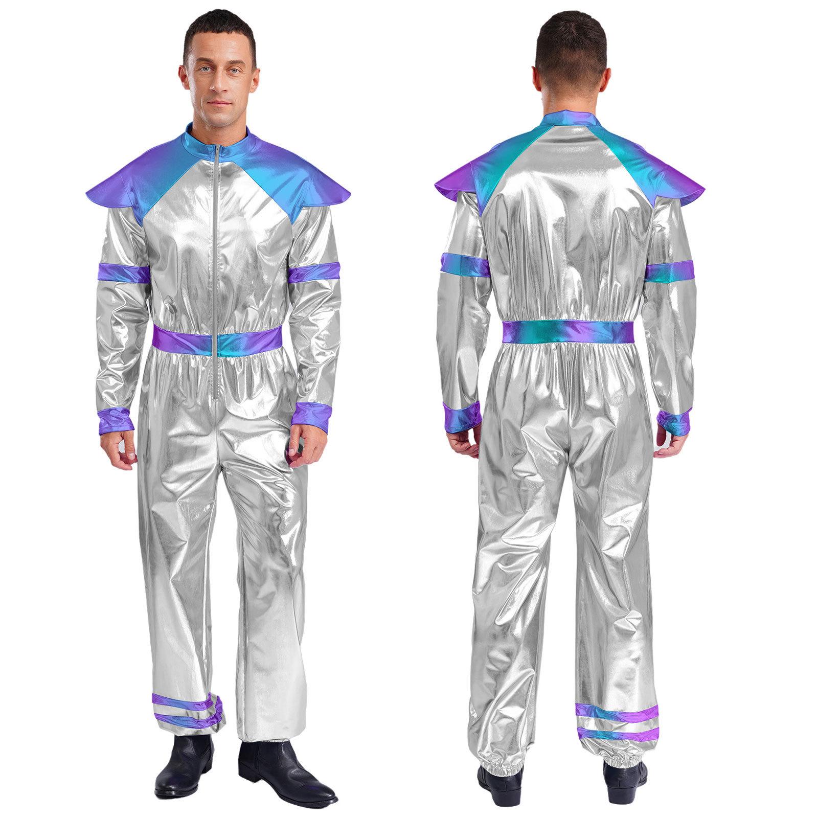 

Mens Retro Space Alien Costume One Piece Long Sleeve Jumpsuit Deluxe Shiny Metallic Robot Halloween Outfit M срібний