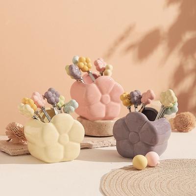 Multi-functional Ceramic Fruit Forks Receipt Jar Creative Cartoon Flower Fruit Fork Set Home Decoration with Storage Can