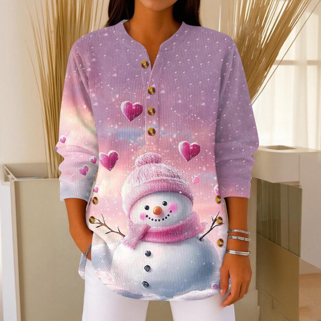 Women's Fashionable Button Collar Long-sleeved Christmas Print Pullover Top