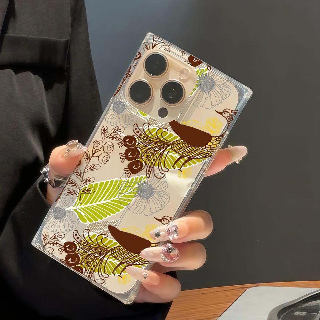 Clear Square Back Tube Case Protection For iPhone 14 Pro Max 12 11 16 ProMax 15 Plus 13 Anti-Oxygen,Large Feather Leaves Pattern Casing