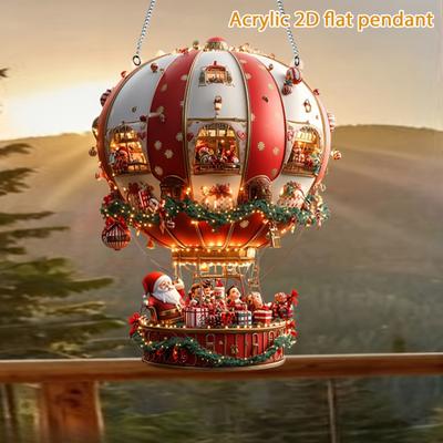 Weihnachts Heißluftballon Ornamente 2D Acryl Weihnachtsbaum Anhänger Cartoon Weihnachtsmann im Heißluftballon Hängedekoration für Bäume Türen Fenster Deko