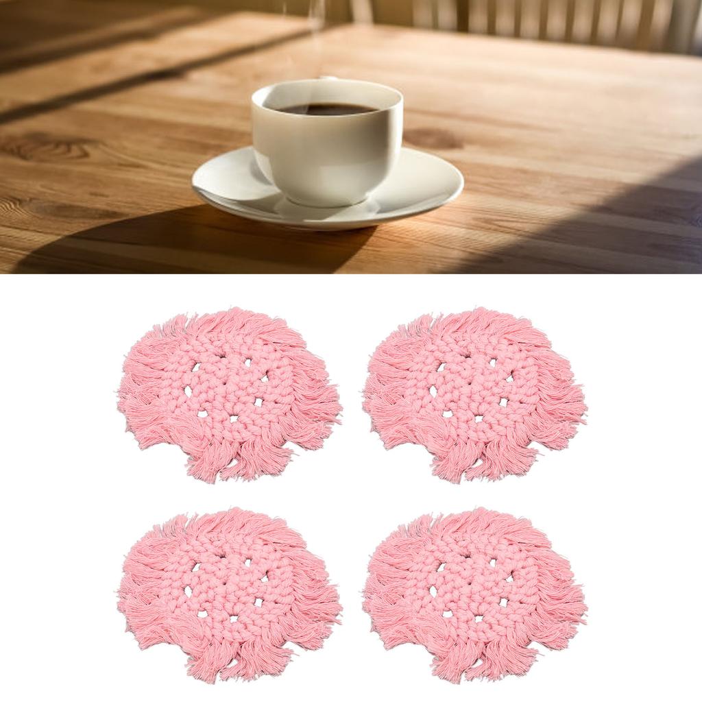 4pcs Cotton Thread Woven Drink Coasters with Tassel Round Pure Color Elegant Lipstick Pot Pads Mats