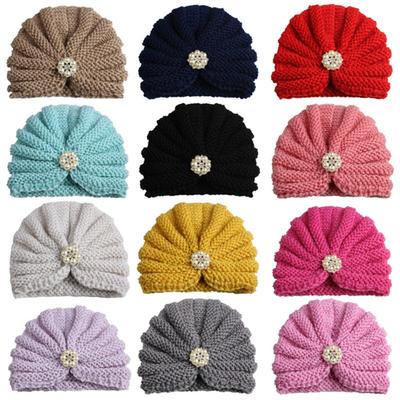 New Children's Products Winter, Solid Color with Diamond Baby Wool Hat, Baby Knitted Thermal Hat