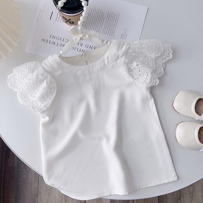 Girls Summer Short Sleeve White T-Shirt Kids Lace Sleeve Soft Bottom Tops