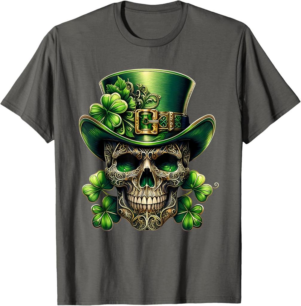 Leprechaun Skull St Patrick Day Shamrock Graphic Print Men's Cotton T-Shirt Daily Wear
