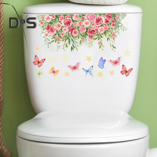 Colorful Flower Butterfly Toilet Sticker Removable Self-adhesive Waterproof PVC Living Room Bathroom Wall Art Floral Toilet Lid Decoration Decal