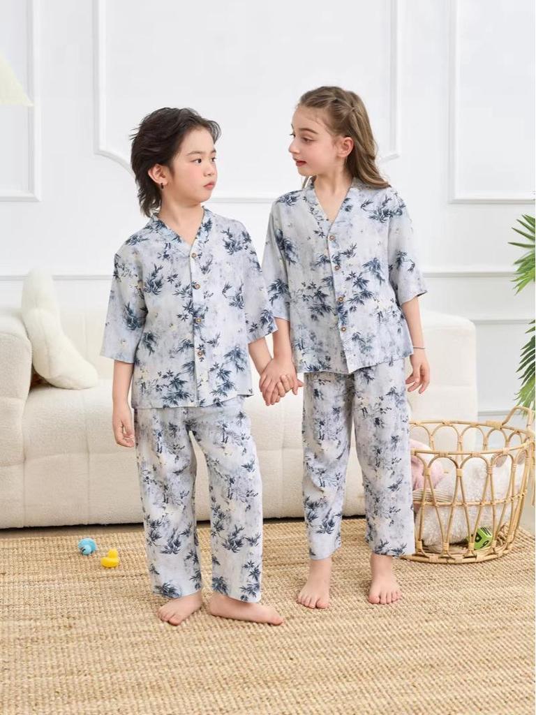 Children's Cotton Silk Pajama Set - Medium Sleeve, Long Pants, Cartoon Print, Thin, for Boys, Girls, and Babies.
