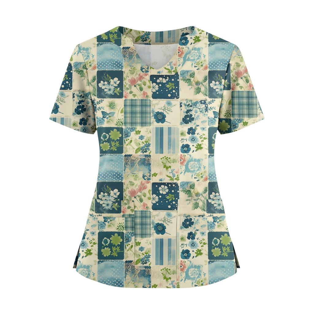 Camisa Corta de Manga Corta Holgada con Estampado Floral y Cuello en V para Mujer