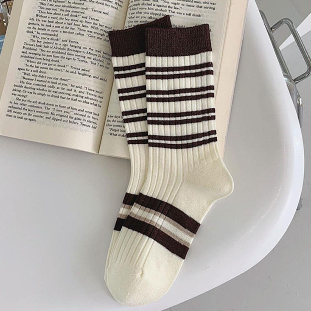 

Cotton Stripe Socks Knitted Seamless Socks Retro Middle Tube Socks For Women Girls 3