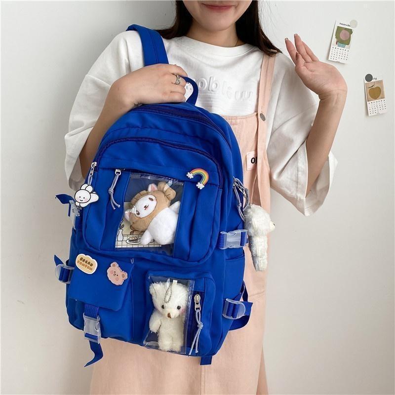 Backpacks Candy Color Sweet Cute School Bags Large Capacity Multi-pockets Water Proof Students College Korean Style(Without Toy Accessories)