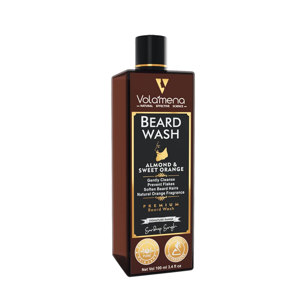 Volamena Almond & Orange Beard Wash 100ml - Purifying Beard and Skin Cleaner for Men with Sweet Almond Oil & Argan Oil, Gently Cleanses, Softens