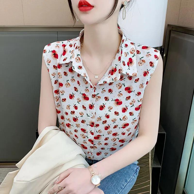 Women's Floral Sleeveless Blouse Lapel Button-Down Chiffon Tank Top