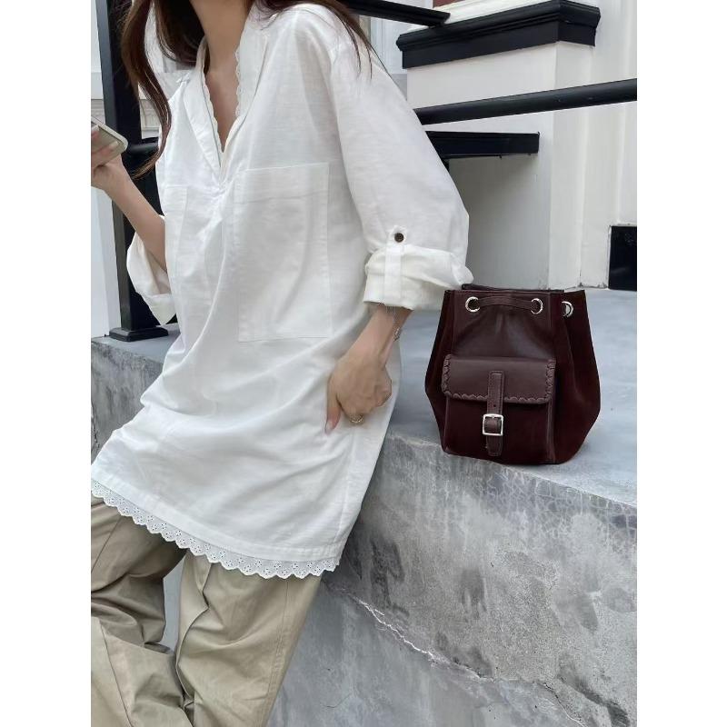 

Новая маслянистая сумка-ведро женская однотонная на кулиске повседневная модная на плечо сумка-мессенджер из овчины растительного дубления сумка для通勤 25*15*13cm темно-коричневого