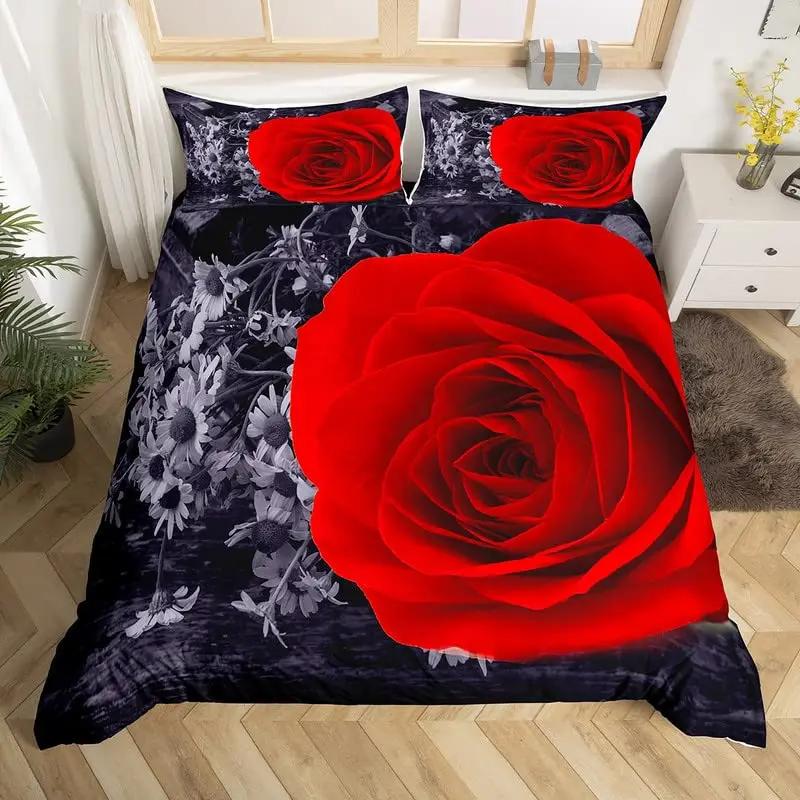 Rose Flower Duvet Cover Set Twin King Botanical Floral Bedding Set Garden Flowers Quilt Cover Valentine'S Day Bedspread Cover